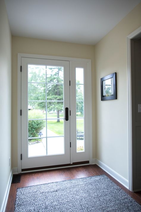 Exterior Doors | let the sunshine in with a full-lite glass and matching sidelight.  this one features an oil-rubbed bronze, multi-point locking system for added security and stability.  | Bayer Built Woodworks, Inc. Full Glass Entry Door, Full Glass Exterior Door, Full Glass Front Door, French Doors With Sidelights, Porta Halloween, Single French Door, Door With Sidelights, Entry Door With Sidelights, Porte In Ferro