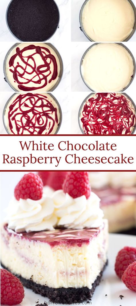 White Chocolate Raspberry Cheesecake is sweet and creamy, swirled with tangy raspberry sauce, and baked on a crunchy Oreo crust. A truly decadent dessert! Cheesecake Recipes With Oreo Crust, Raspberry Cheesecake Bites, Raspberry Cheesecake Cookies, Homemade Oreo Cookies, Raspberry Swirl Cheesecake, Raspberry Cheesecake Bars, White Chocolate Raspberry Cheesecake, Cheesecake Factory Recipes, Chocolate Raspberry Cheesecake