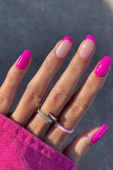 Pink french tip nails Nail Polish Ideas Easy, Easy Nail Polish, Two Color Nails, Pink French Tip Nails, Pink Tip Nails, Pink French Tip, Bright Pink Nails, Colored Nail Tips, Nails Bright