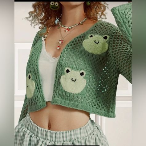 So Fun And Cute I Had To Get Multiple So Willing To Sell One And Share The Love. Good Quality Knit. Bright Color And Adorable Frog. Still In Bag And Smoke Free. Flattering Crop Fit. Crochet Mushroom Top, Cute Crochet Clothes, Crochet Tee Shirt, Frog Sweater, Cottagecore Crochet, Crochet Tee, Crochet Mushroom, Crochet Frog, Crochet Sweaters