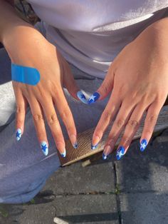 Cute Star Acrylic Nails, Blue Nails Valentines, Nail Art School, Blue Star French Tip Nails, Blue Concert Nails, Blue Nails White Stars, Blue Nails Asthetics, Royal Blue Design Nails, Blue Nails With Star Design