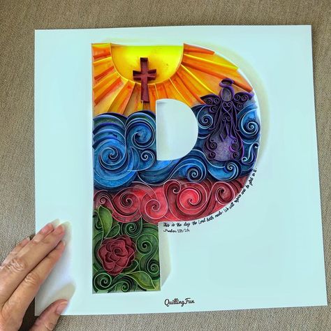 QuillingFun ~ Jennifer 🌴 on Instagram: “I had the honor of creating this letter for a client who loves abstract art, God, angels, roses, and bright colors. Painted and paper…” Quilled Paper Art Letters, Initial Paper Quilling, Paper Quilling Name, Paper Quilling Angel Wings, Paper Quilling Buddha, Quilled Paper Art, Collage Paper, Letter Paper, Birthday Gift Ideas