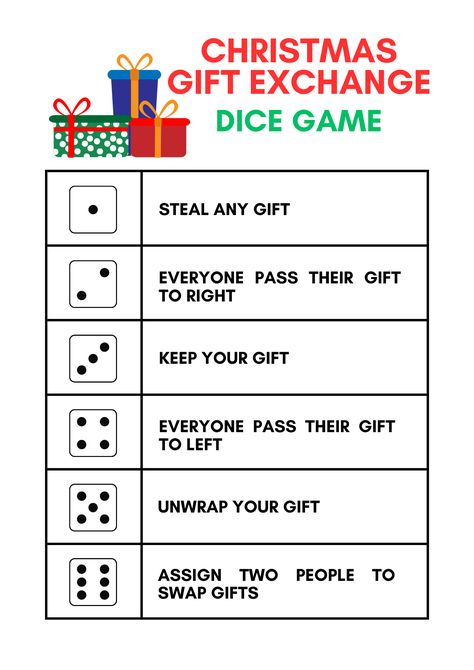 Free White Elephant Gift Exchange Dice Christmas Printable — xoxoerinsmith.com White Elephant Dice Game Free, Christmas Gift Exchange Games Free Printable, White Elephant Game Rules Printable, Holiday Dice Game, Ways To Play White Elephant Game, Christmas Dice Game Gift Exchange Free Printable, Staff Gift Exchange Ideas, Dirty Santa Dice Game, White Elephant Dice Game Rules