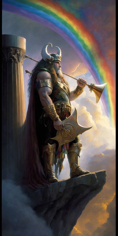 Heimdall Norse Mythology, Bifrost Bridge, Iron Druid, North Mythology, Egyptian Goddess Art, Viking Mythology, Norse Gods, Norse Myth, Nordic Vikings