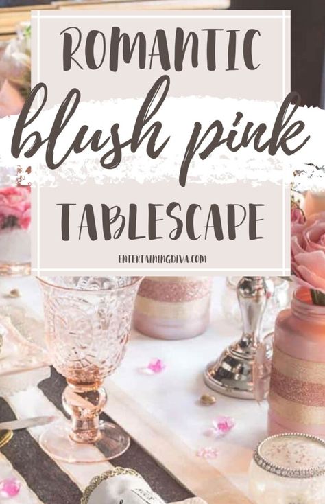 Great romantic table decorating ideas! I love the black, white and blush pink colors together. This table setting is gorgeous and would be perfect for a garden party in the spring. Blush Tablescape, Black Tablescape, Bridal Shower Tablescape, Dinner Party Tablescapes, Pink Table Settings, Diy Floral Centerpieces, Pink Tablescape, Romantic Table Setting, Pink Centerpieces