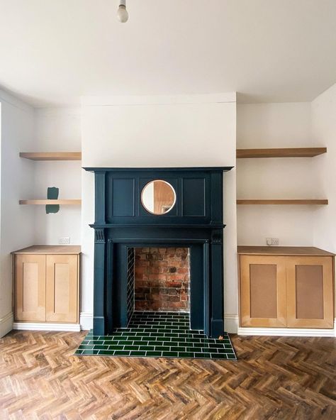 Built In Cupboards Fireplace, Shelves In Alcoves, Alcove Shelves Living Room, Alcove Shelving Living Room, Fireplace Alcove, 1930s Fireplace, 30s House, Alcove Seating, 1930 House