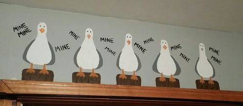 The seagulls from nemo, i painted for the nursery:) Finding Nemo Mural, Nemo Themed Nursery, Finding Nemo Bedroom, Nemo Bathroom Ideas, Nemo Nursery Ideas, Finding Nemo Bathroom Ideas, Diy Finding Nemo Decorations, Pixar Nursery Theme, Nemo Classroom Theme