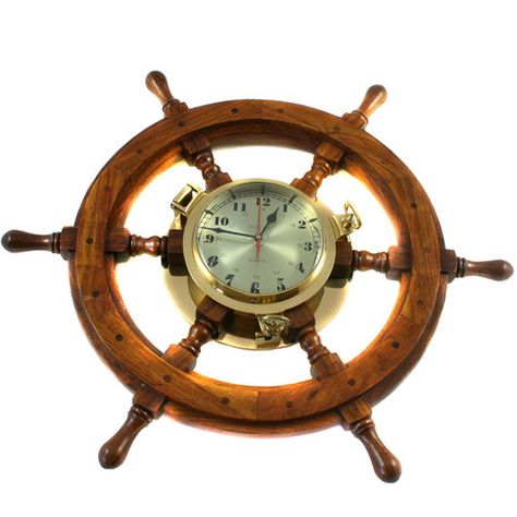 Found it at Wayfair.ca - 26" Nautical Captain's Ship Wheel Porthole Wall Mount Clock Nautical Desk, Captain Ship, Nautical Ceiling Light, Nautical Wall Clock, Pirate Bar, Wall Decor Clocks, Wheel Clock, Rectangle Wall Clock, Beachfront Decor