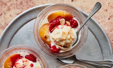 Ravneet Gill’s recipe for peach melba ice-cream Peach Melba Recipe, Ravneet Gill, Recipe Ice Cream, Peach Melba, Peach Puree, Raspberry Sauce, Master Chef, Summer Dessert, Family Friendly Meals