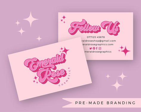 Pink Retro Logo & Business Card Package, Pret Pink Business Cards Ideas, Retro Name Card, Business Card Design Aesthetic, Groovy Business Cards, Y2k Business Cards, Cute Business Cards Design, Girly Business Names, Funky Business Cards, Wish Card Design