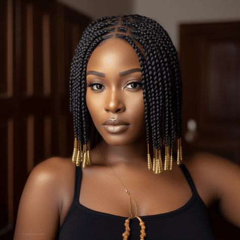 Knotless Bob Braids Adorned with Gold Beads Knotless Shoulder Length Braids With Beads, Bob Hairstyles For Black Women Braids, Bob Braids Hairstyles For Black Women, Knotless Bob Braids, Bob Knotless Braids, Knotless Bob, Knotless Braids With Beads, Afro Styles, Bob Braids Hairstyles