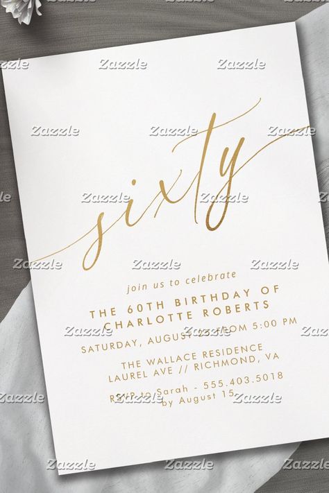 🏷️$2.09 📢Before Discount - 🎁 Elegant and simplistic 60th birthday invitations with heading "sixty" text in a handwritten script. Faux gold font on an airy white background.  NOTE: Gold effect is replicated by a high quality graphic. Item will be printed matte. 🥳🎉🥂🎁🔥 white and gold, 60th birthday invitations, sixty script chic fancy calligraphy, milestone 60 birthday party invites, text only simple type typography, elegant womens 60th birthday invitations, sophisticated classy luxe Fancy Calligraphy, Typography Elegant, 60 Birthday, Gold Font, 60th Birthday Invitations, Gold Effect, Background Note, Birthday Party Invites, 60th Birthday Party