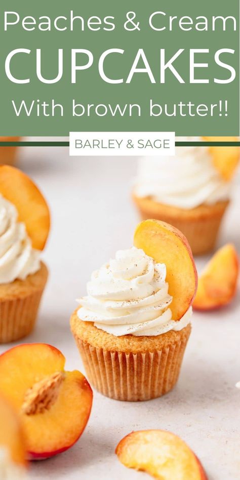 Gourmet Cupcake Recipes, Peach Cupcakes, Spiced Peaches, Fruit Cupcakes, Summer Cupcakes, Spring Cupcakes, Stabilized Whipped Cream, Cupcake Decorating Tips, Butter Cupcakes