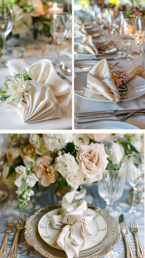 Beautifully folded wedding napkins arranged elegantly on a table, showcasing creative and unique designs to enhance wedding decor. Folded Cloth Napkins Wedding, Elegant Napkin Folding Ideas, Paper Napkin Folding Ideas Wedding Table Settings, How To Fold Satin Napkins, Napkins Folding Ideas Wedding, Wedding Napkin Folds Ideas, Unique Wedding Table Settings, Pretty Napkin Folds, Unique Napkin Folds