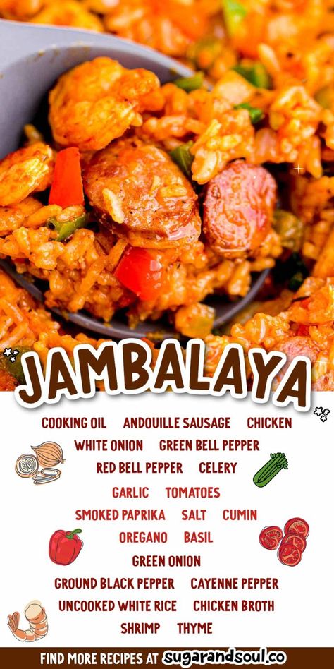 One Pot Jambalaya is a Cajun rice dish that's packed with flavorful herbs and spices and loaded with tender chicken, shrimp, and sausage! Chicken And Rice Jambalaya, One Pot Jumbalia, Jambalaya Recipe No Shrimp, Jambalaya Recipe Chicken And Sausage, Jambalaya Rice Recipe, One Pot Jambalaya, Shrimp Jambalaya Recipe, Chicken Jambalaya Recipe, Jambalaya Recipes