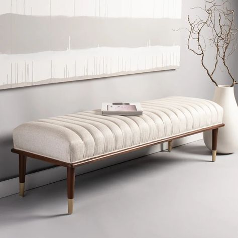 SafaviehCouture Flannery Upholstered Bench & Reviews | Wayfair Mid Century Bench, Wood Storage Bench, Tufted Bench, Leather Bench, Upholstered Storage Bench, Bed Bench, Upholstered Storage, Linen Upholstery, Upholstered Bench