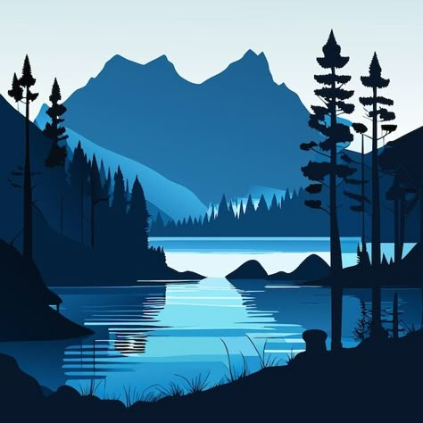 River Vector Illustration, Mountain Lake Illustration, Graphic Landscape Illustration, Illustration Art Landscape, Mountain Vector Illustration, Lake Landscape Design, Illustrator Landscape, Vector Landscape Illustration, Lake Silhouette