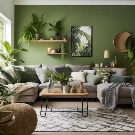 Living Room Ideas Gray Sofa, Sage Green Living Room Grey Sofa, Grey Couch Green Walls Living Room, Green And White Aesthetic Living Room, Art For Green Living Room, Sage And Forest Green Living Room, Gret Sofa, One Green Wall Living Room, Green Wall Boho Living Room