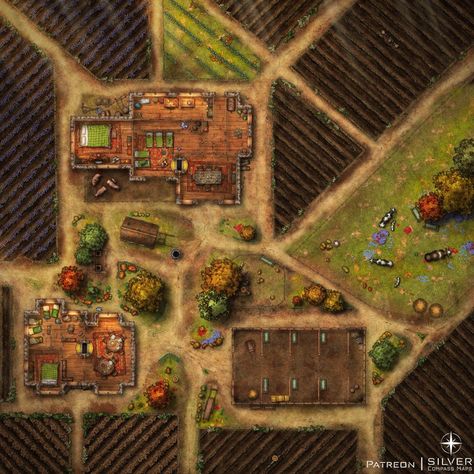 Farmstead [40x40] : DungeonMasters Farm Battlemap, Building Map, Fantasy Town, Dungeon Master's Guide, Tabletop Rpg Maps, Dnd Maps, Rpg Map, Dnd Monsters, Dungeon Maps