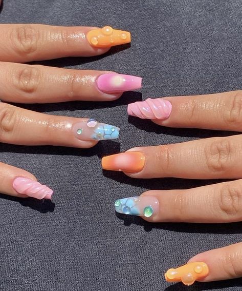 3d Summer Nails Square, 3d Drops Nails, Bright Pink Summer Nails Designs, Gel X Nails 3d, Gel X 3d Nails, 3d Gel Art Nails, 3d Summer Nails Art Designs, Colorful 3d Nails, 3d Water Drop Nails