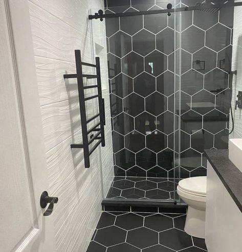 Black Hexagon Porcelain Tile Hexagon Shower Tile, Black Hexagon Tile Bathroom, Marble Mosaic Bathroom, Hexagon Tile Bathroom, Black Hexagon Tile, Black Tile Bathrooms, Fireplace Feature Wall, Tile Tub Surround, Marble Showers