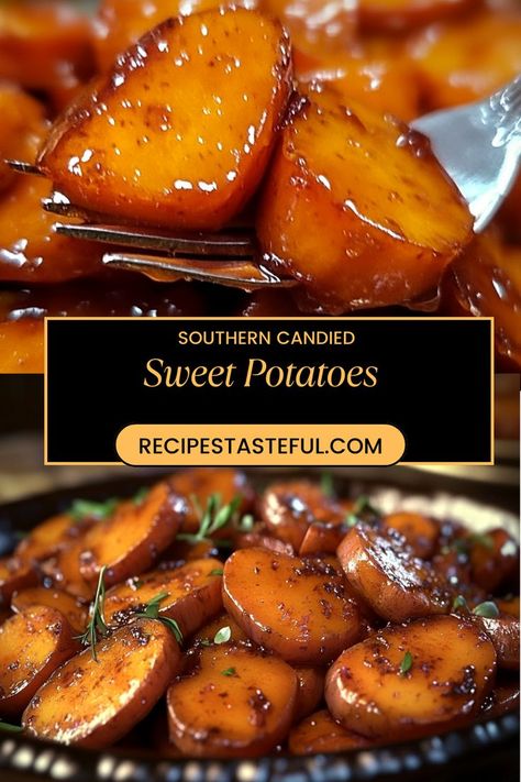 These Southern Candied Sweet Potatoes are a delightful side dish featuring tender sweet potatoes coated in a rich, sugary sauce with hints of cinnamon and nutmeg. Perfect for holiday dinners or any family gathering, this recipe brings warmth and sweetness to your table. Best Thanksgiving Sweet Potatoes, Sweet Potato Sides Thanksgiving, Crispy Sweet Potatoes In Oven, Thanksgiving Candied Yams Recipes, The Best Sweet Potatoes, Baked Candied Yams Soul Food Style, Candies Sweet Potatoes Baked, Southern Yams Candied Sweet Potatoes, Candied Sweet Potato Recipes Crockpot