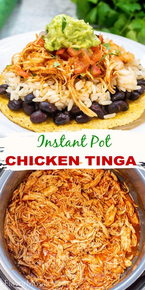 Instant Pot Chicken Tinga, Ip Chicken, Tinga Recipe, Chicken Tinga Recipe, Tostada Recipes, Chicken Tinga, Mexican Shredded Chicken, Chicken Tostadas, Mexican Dinner