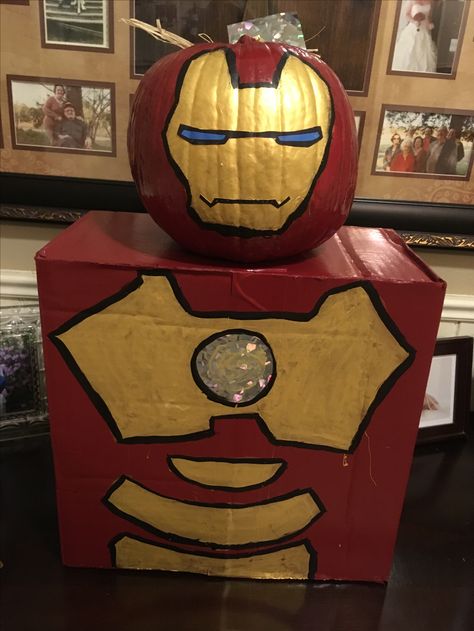 Iron Man Painted Pumpkin, Iron Man Pumpkin Painting, Ironman Pumpkin Painting, Pumpkin Painting Ideas Marvel, Ironman Pumpkin, Iron Man Pumpkin, Literary Pumpkins, Batman Pumpkin, Iron Man Painting