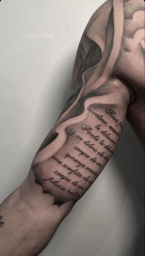 Inner Bicep Text Tattoo, Inner Bicep Quote Tattoo, Bicep Lettering Tattoo, Inside Bicep Tattoo Mens Words, Scroll Tattoo For Men, Bicep Tattoo Men Inner, Front Bicep Tattoo, Inside Arm Tattoo For Guys, Under Bicep Tattoo For Men