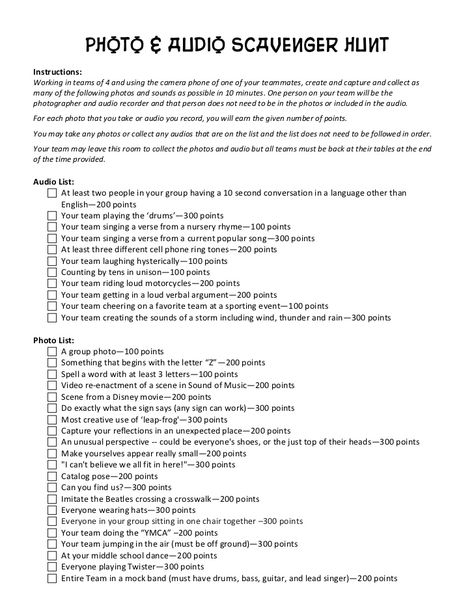 Photo & Audio Scavenger Hunt<br />Instructions:<br />Working in teams of 4 and using the camera phone of one of your teamm... Adult Scavenger Hunt Ideas Hilarious, Funny Scavenger Hunt Ideas, Teen Scavenger Hunt, Nye Games, Neighborhood Scavenger Hunt, Scavenger Hunt Riddles, Scavenger Hunt Ideas, Scavenger Hunt List, Mail Tag