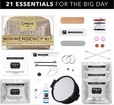 Anything can go wrong at a wedding - from a rip in your dress to sweaty armpits. Pinch Provisions has you covered! Tackle last minute wedding emergencies like a pro with the ready-to-use Minimergency Kit for Brides that comes with 21 essential items to keep you prepared for your big day. Carefully selected and well-thought through beauty, fashion and first aid essentials such as hairspray, emery board, earring backs, clear elastics, mending kit, safety pin, double-sided tape, stain remover, deod Decorated Tins, Wedding Day Kit, Mini Emergency Kit, Bride Emergency Kit, Remove Deodorant Stains, Minimergency Kit, Nail Polish Remover Pads, Emergency Essentials, Wedding Kit