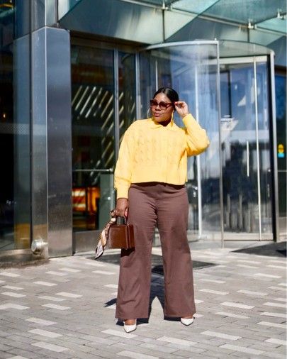 Winter Brown Wide Leg Jeans, Brown And Yellow Outfit, Yellow And Brown Outfits, Yellow Fall Layering Sweater, Oversized Yellow Cardigan For Winter, Brown Wide Leg Pants Outfit, Oversized Long Sleeve Mustard Sweater, Yellow Sweater Outfit, Oversized Brown Long Sleeve Cardigan