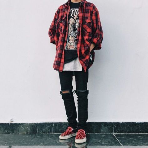 Grunge Clothes Men, Grunge Fashion Men, Casual Punk Outfits, Punk Fashion Male, Punk Outfits Men, Style Outfits Men, Alternative Mens Fashion, Outfits Alt, Red Checkered Vans