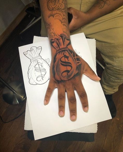 Hustle Neck Tattoo, Hustle Hand Tattoo, Moneybagg Tattoo, Hustle Tattoos For Women, Hustle Tattoo For Men, Hand Tats For Guys, 2000 Tattoo Year Ideas, Hand Tats Men, Money Bag Tattoo On Hand