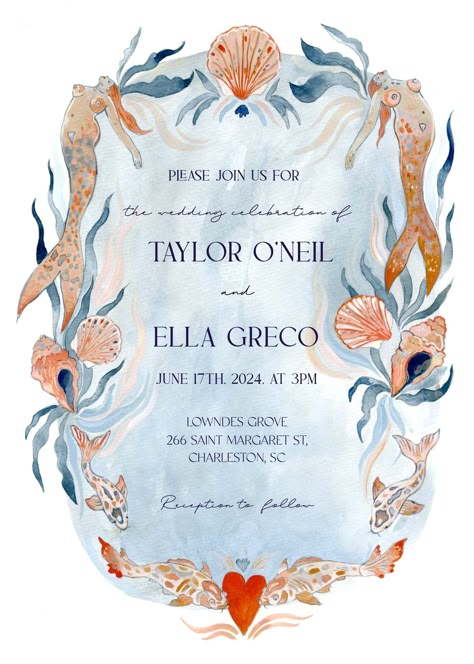 A hand-painted wedding invitation depicting a coastal theme with seashells, mermaids and fish with a blue color palette with pops of coral, pink and indigo. Seaside Wedding Invitations, Coastal Wedding Invitations, Fish Illustrations, Painted Wedding Invitation, Wedding Crest, Hand Painted Wedding, Fish Illustration, Itinerary Template, Coastal Wedding