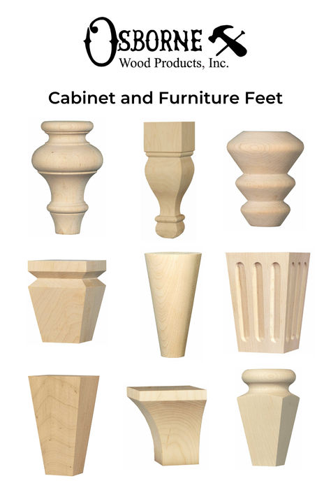 Photo shows a selection of 9 cabinet and furniture feet in various styles, from simple tapers to turned and carved designs. Bookshelf Entertainment Center, Cabinet Feet, Unfinished Wood Furniture, Metal Vanity, Desk Cabinet, Florida Design, Sofa Legs, Furniture Feet, Blanket Box