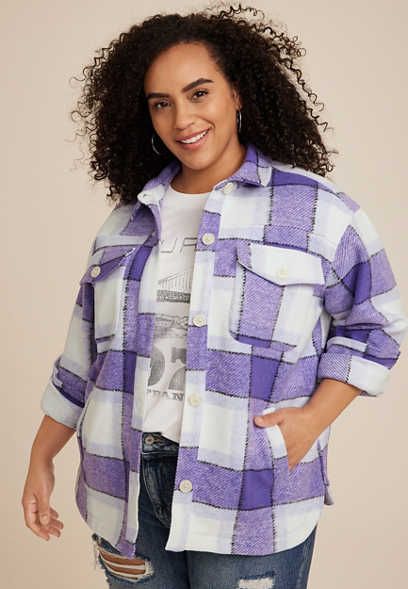 Plus Jackets & Vests | maurices Puffer Jacket Fur Hood, Maurices Style, Plus Size Vests, Sherpa Denim Jacket, Cozy Texture, Long Puffer Jacket, Plus Size Blazer, Hooded Denim Jacket, Plaid Outfits