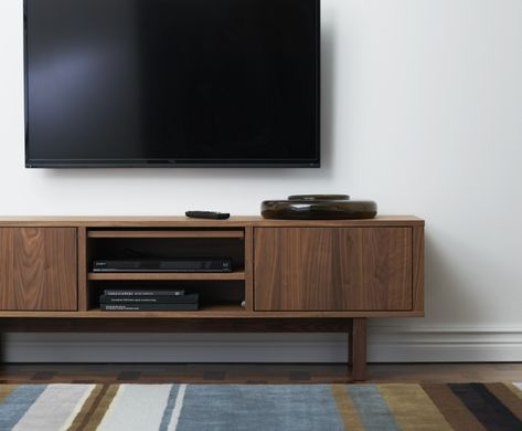 You can place this TV stand against a wall, freestanding or use as a divider because it looks nice even from the back. The STOCKHOLM collection, 2013. Tv Wall Shelves, Minimalist Dekor, Ikea Tv, Ikea Stockholm, Furnitur Ruang Keluarga, Tv Bank, Ikea Wall, Interior Design Minimalist, Tv Bench