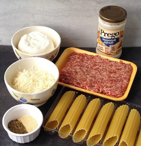 Alfredo Manicotti, Dinner Ideas For 1, Sausage Manicotti Recipe, Recipe Using Alfredo Sauce, Sausage Manicotti, Easy Manicotti Recipe, Cute Food For Kids, Ground Sausage Recipes, Manicotti Recipe