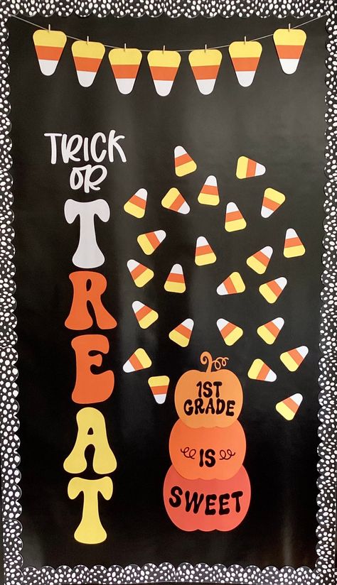 "Celebrate Halloween with everyone's favorite candy(corn). Welcome October with this adorable ready to hang bulletin board kit. Add a customized touch by personalizing the candy-corn with students' names. INCLUDES: * Banner made from 7 candy-corn pennants (each measuring approximately 4\" x 6\") * \"Trick or TREAT\" phrase as shown with each letter for the word \"TREAT\" measuring approximately 6\" x 9\" * 1 pumpkin stack personalized with your grade level (measuring approximately 12\" x 25\") * First Grade Halloween Bulletin Board, Door Design For Halloween, Halloween Boards For Preschool, Candy Corn Bulletin Board, Candy Corn Door Decoration, Candy Corn Letters, Candy Corn Door Classroom, Candy Corn Trunk Or Treat Ideas, Candy Corn Stacking Game