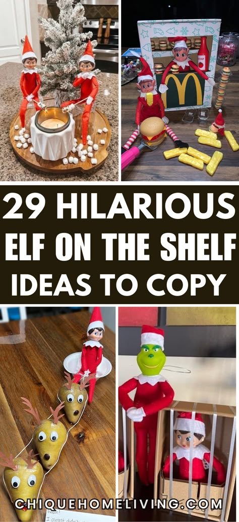 Bring laughs to your holiday season with these Funny Elf on the Shelf Ideas that kids (and adults) will love! From mini marshmallow hot tub parties and sneaky cookie heists to elf TP-ing the Christmas tree and leaving funny notes, these ideas are guaranteed to spark joy every morning. Try having your elf zip-line across the room with candy cane hooks or " Elf On The Shelf Ideas For Kids Not Behaving, Hide And Seek Elf On The Shelf Ideas, Elf Friday Ideas, How To Get Your Elf To Pose, Elf On The Shelf Have Fun At School, Elf On A Shelf At School, Elf Ideas Creative, 3 Elf Ideas, Family Elf On The Shelf Ideas