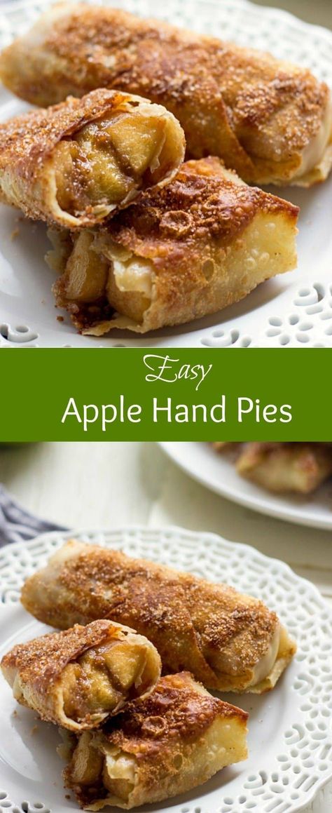 These delicious Apple Hand Pies are a quick and easy dessert idea for your sweet tooth. Granny Smith apples stuffed egg roll wrappers are seared till brown and crispy and finished with a generous sprinkle of cinnamon sugar. It's a simple no bake fall recipe which is also great for breakfast or brunch. #lavenderandmacarons #breakfast #apples #brunch Green Apple Tart, Green Apple Dessert Recipes, Green Apples Dessert, Granny Smith Apples Recipes, Green Apple Recipes, Apple Pie Egg Rolls, Decadent Recipes, Breakfast Brunch Menu, Vegetables Dishes