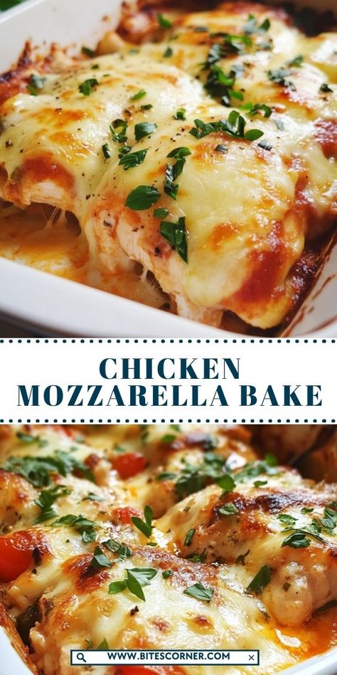 This Chicken Mozzarella Bake is a comforting dish featuring tender chicken breasts smothered in marinara sauce, topped with melted mozzarella cheese, and baked to perfection. Perfect for weeknight dinners or a hearty family meal, it’s easy to make and packed with classic Italian-inspired flavors everyone will love! Chicken Mozzarella Casserole, Queso Baked Chicken, Mozzarella Recipes Dinner, Italian Dish With Chicken, Ground Beef Mozzarella Cheese Recipes, Dishes With Fresh Mozzarella, Marinara Chicken Recipe, Chicken Recipes With Mozzarella Cheese, Food With Mozzarella Cheese