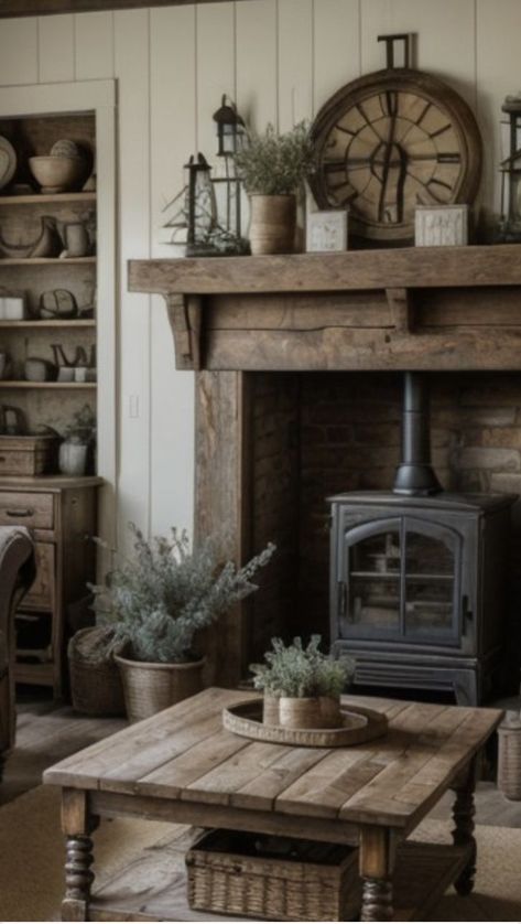 Small Cottage Fireplace, Cottage Living Room Wood Stove, Fireplace Cottagecore, Inglenook Fireplace Ideas, Cottagecore Fireplace Aesthetic, Cottage Log Burner Fireplace Ideas, Cottage Fireplace Ideas, Rustic Cottage Living Room, Lake House Family Room