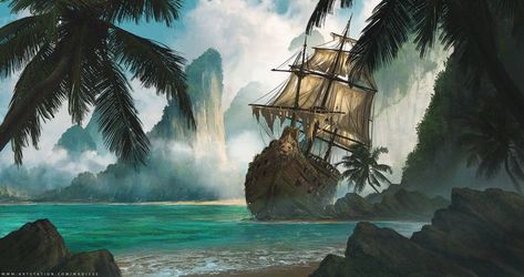 Pirate Background, Old Ship, Pirate Art, Fantasy Wall Art, Frog Art, Water Reflections, Fantasy Map, Matte Painting, Environment Design