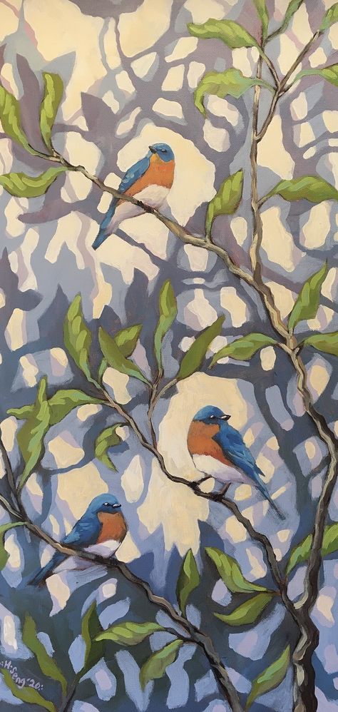 Large Canvas Bird Painting, 3 Birds Painting, Large Mural Painting, Bird Art Acrylic, Acrylic Artists Artworks, Bluebird Painting Acrylic, Painting Ideas On Canvas Birds, Original Acrylic Paintings, Acrylic Painting Illustration