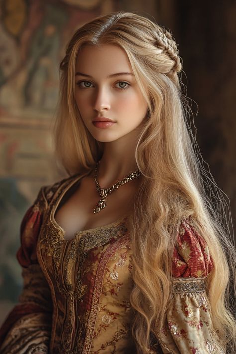 Female Elf Cosplay, Noble Woman Art, Medival Characters, Princess Face Claim, Blonde Female Character Inspiration, Oc Medieval, Women In Armor, Medieval Portrait, Medieval Beauty