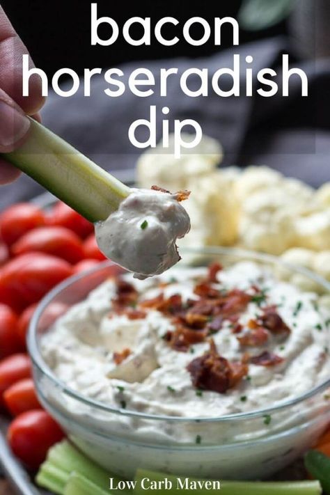 Creamy bacon horseradish dip is a great low carb and keto recipe for parties and appetizers. #lowcarb #keto #glutenfree #lowcarbsnack #ketosnack #glutenfreesnack #lowcarbappetizer #ketoappetizer #glutenfreeappetizer #lowcarbdip #ketodip Low Carb Crunchy Snacks, Dip For Veggies, Horseradish Dip, Keto Dips, Low Carb Crackers, Low Carb Maven, Bacon Dip, Gluten Free Appetizers, Training Ideas