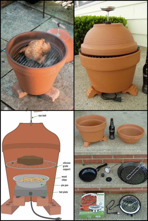 Build Your Own Clay Pot Smoker  http://theownerbuildernetwork.co/t7ma  We've featured a few smokers in the past - drum, wine barrels and even brick and timber ones.  If you are looking for something cheaper, easier and quicker to get you started, you can use terracotta pots!  This has got to be the easiest DIY smoker project. You can make it in the morning and be smoking your foods in the afternoon! No welding, no painting and no pipe bending!  This is perfect for smaller families who would like Diy Barbecue, Diy Smoker, Diy Bbq, Outdoor Oven, Astuces Diy, Rocket Stoves, Have Inspiration, Soil Improvement, Outdoor Bbq