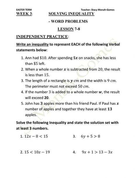 Inequalities Worksheet, Inequality Word Problems, Accounting Cycle, Solving Inequalities, Linear Inequalities, College Math, Summer Schedule, Chemical Equation, Algebra Worksheets